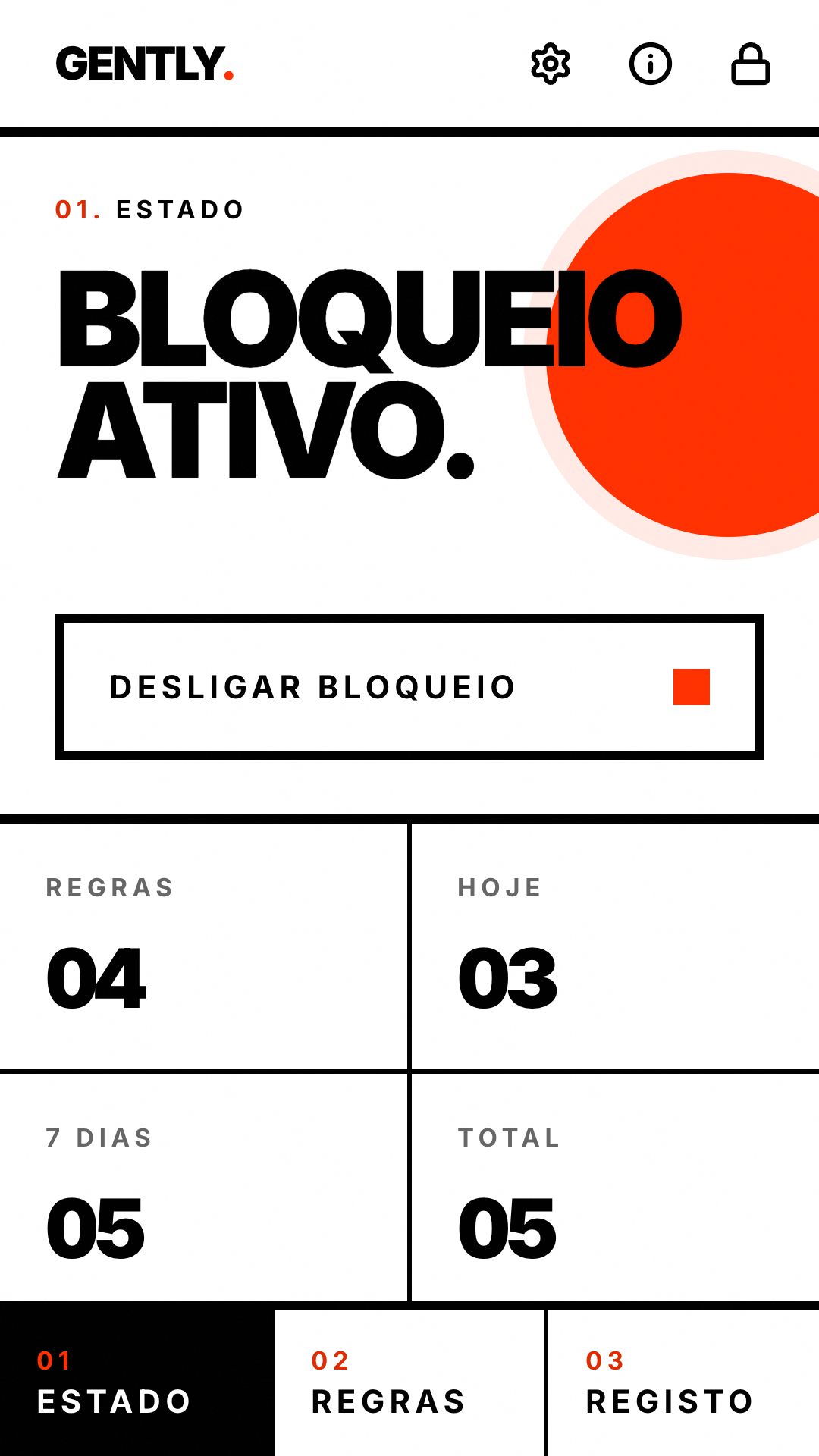 Ecrã de estado com o bloqueio ativo